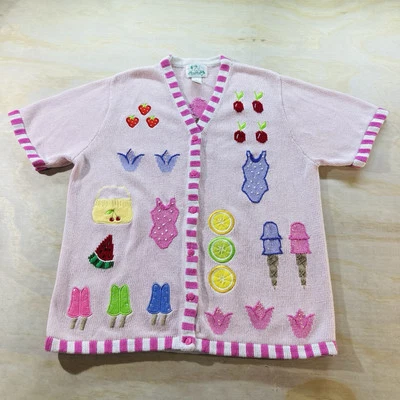 Vintage Quacker Factory Pink Button Sweater Sz L Beaded Ice Cream Summer Theme - Image 1 of 4
