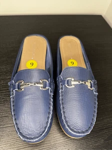 MERCER & MADISON 6M BLUE LEATHER MOC VAMP HORSEBIT MULES FLATS NEW - Picture 1 of 7