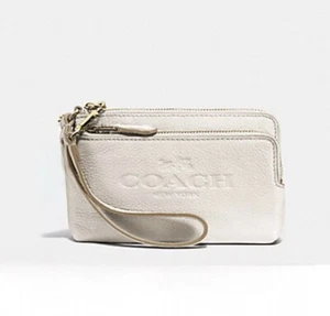 Coach Double Corner Zip Wristlet Pebbled Leather F52556 - Chalk/Light Gold - Picture 1 of 9