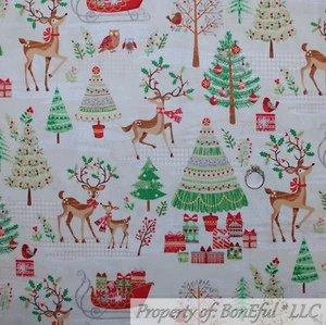 BonEful FABRIC FQ Cotton Quilt Cream Red Green Gold Rein*Deer Xmas Tree Gift Dot - Picture 1 of 13