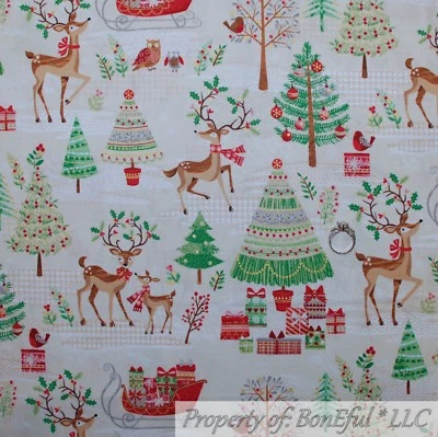 BonEful FABRIC FQ Cotton Quilt Cream Red Green Gold Rein*Deer Xmas Tree Gift Dot - Image 1 of 4
