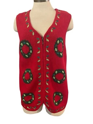 Chaleco Vintage WESTBOUND Mujer Grande Rojo Tejido Bordado Corona Navidad Cremallera Foto 1 de 4