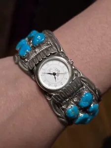 Bracciale orologio nativi americani vintage argento sterling turchese a grappolo "T" Thomas - Foto 1 di 22