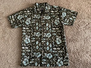 HANG TEN Hawaiian Aloha Shirt Youth Size 8 Olive/Teal/Black/Cream-EUC - Picture 1 of 6