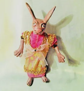 Brown Bunny DOLL OOAK Folk Art Handmade fabric polymer rabbit Happy Easter India - Picture 1 of 3