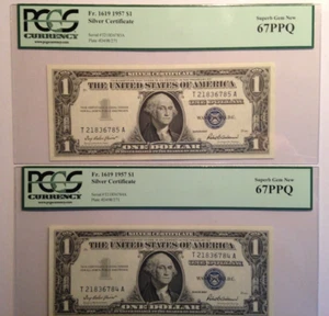 2 SEQUENTIAL $1.00 1957 Silver Certificates PCGS 67 PPQ Superb Gem New - Picture 1 of 9