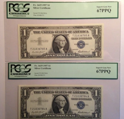 2 SEQUENTIAL $1.00 1957 Silver Certificates PCGS 67 PPQ Superb Gem New - Image 1 of 4