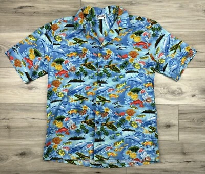 Гавайская рубашка Aloha Republic размер L с тропическими рыбами рифами морскими черепахами тюленями Aloha - Изображение 1 из 4