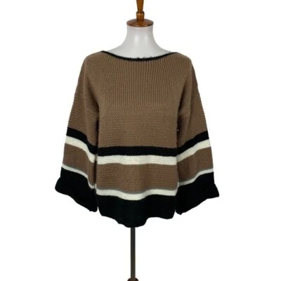 Lumiere Large Boho Chunky Knit Striped Bell Sleeve Sweater Oversized Cozy Top - Image 1 of 4