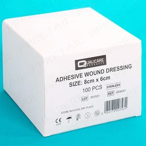 100 x ADHESIVE WOUND DRESSINGS 8x6cm Cut Graze Sterile Medical Leg Plaster BULK - Picture 1 of 2
