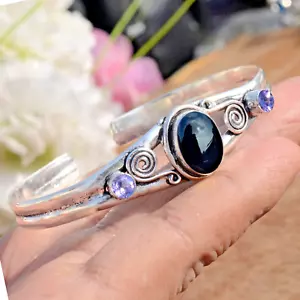Black Onyx & Amethyst Cut Gemstone 925 Sterling Silver Bangle Cuff For Friend - Picture 1 of 8
