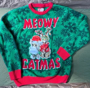 Ugly Christmas Party Sweater December 25 Meowy Catmas Large Reindeer Cats - Picture 1 of 4