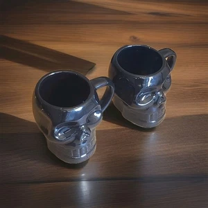 Gothic Punk Glossy Black Ceramic 3D Skull Shape Coffee Mug Set 14oz Tea Cocoa  - Picture 1 of 4