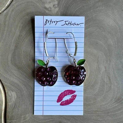 Betsey Johnson Back To School Red Apple Drop Big Rhinestone Earrings - Image 1 of 4