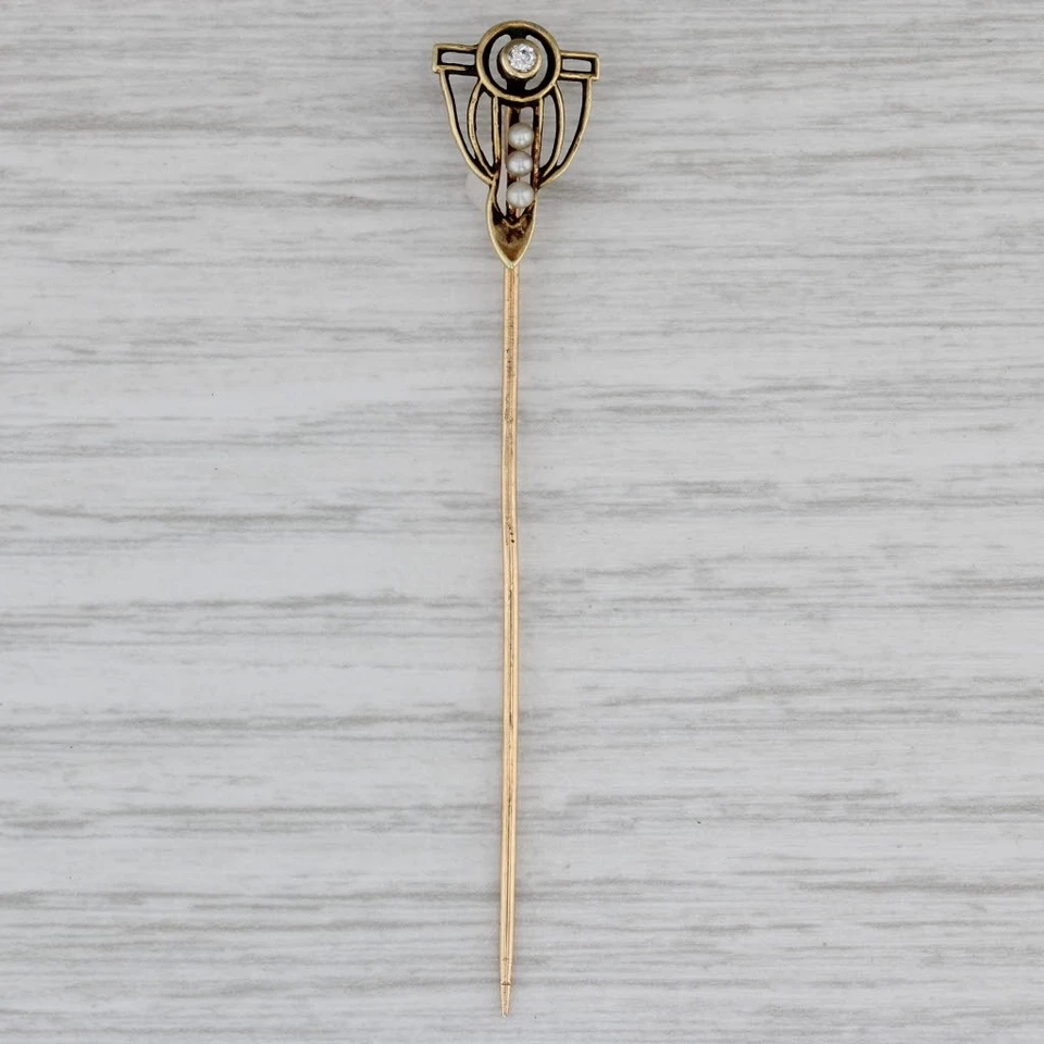 Antiguo pasador de perlas semilla de diamante de oro amarillo de 14 k Foto 1 de 4