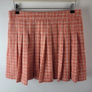 Zara Women Size L Orange Check Tweed Pleated Short Mini Skirt Casual Smart - Picture 1 of 10