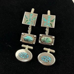 Lote De Colección Gemelos Navajo Plata Esterlina Turquesa Par Forma Ovalada Suroeste - Imagen 1 de 10