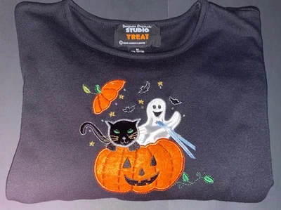 Camisa de Halloween Diseñadores Originales Studio Treat Bordada Gato Negro Calabaza M Foto 1 de 4