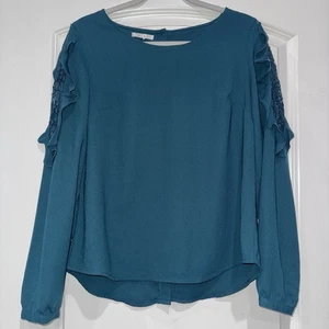 Camicetta donna Maurices scollo a scoop verde acqua bottoni schiena arricciata manica lunga taglia small - Foto 1 di 11