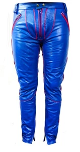 Men's Real Lamb Soft Leather Blue Pant With Red Contrast And Qualited Slim Fit P - Picture 1 of 5