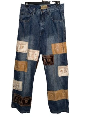 Vintage Y2K $100 Bill Patch All Over Dtek Jeans Wide Leg Size 36 Hip Hop READ - Image 1 of 4