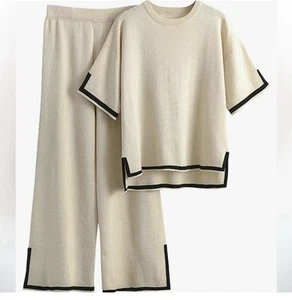 Damen 2 teiliges Lounge Set Strick Kurzarm Pullover weites Bein Hose apricot Gr. L - Bild 1 von 21