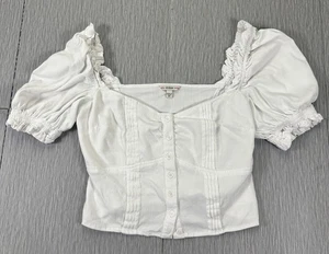 Top Guess Blanco Manga Abullonada Mujer Pequeño Botón Sweetheart Volantes Años 90 - Imagen 1 de 6
