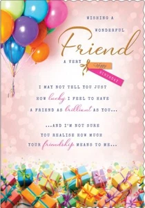 Friend Happy Birthday Card Balloons Gifts Lovely Verse 9" x 6" - Picture 1 of 2