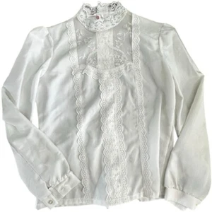 Victorian Revival hochgeschlossene Bluse weiß transparent Spitze vorne Edwardian Prairie - Bild 1 von 5