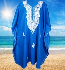 Embroidered Kaftan Fluorescent Blue Kimono Cotton Cover Up Resort Dress X-4XL