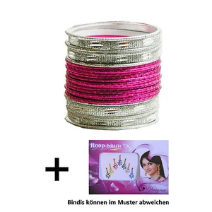 24 Armreifen Sunflower Bollywood Bangles pink silber 7cm mit Bindis Indien - Picture 1 of 1