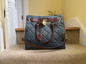 Michael Kors Hamilton Rare L- XL Washed Denim Crossbody Tote Bag In VGC - Picture 1 of 17