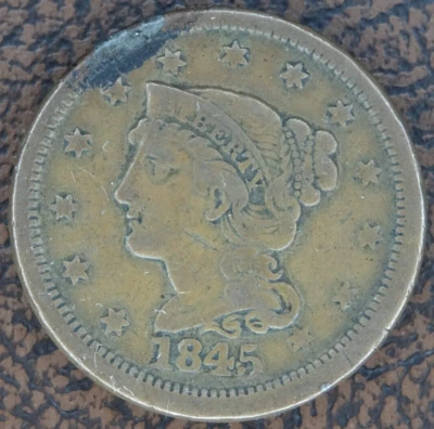 1845 Large Cent Copper US Mint Coin Braided Hair Brown - Image 1 of 2