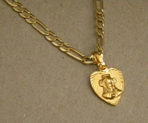 Lady's Yellow Gold Plated 20in Long Figaro Chain & Small Sacred Heart Charm Set - Picture 1 of 4