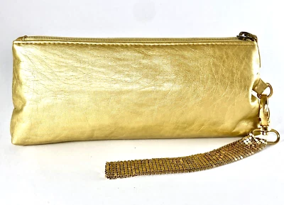 Vintage Gold Zip Up Purse With Gold Mesh Handle Vegan PVC Fully Lined - Image 1 of 4