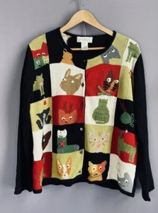 Vintage Cat Sweater Cardigan Susan Bristol Black Color Block Hand Embroidered XL - Picture 1 of 9