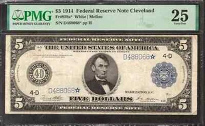 1914 $5 FEDERAL RESERVE STAR NOTE CLEVELAND FR. 859* PMG VF 25 VERY FINE (068*) - Picture 1 of 2