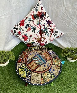 Indian Blue Round Pillow Cushion Cover Floor Patchwork Throw Boho Décor Cover US - Picture 1 of 6