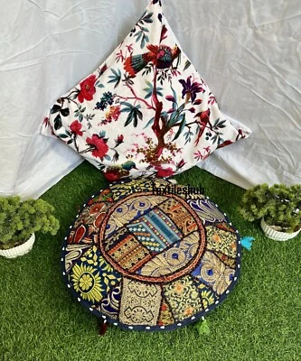Indien Blue Round Pillow Cushion Cover Floor Patchwork Throw Boho Décor Cover US - Image 1 of 4