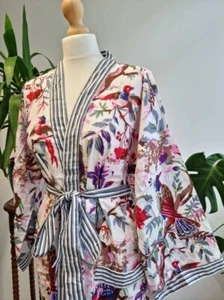 Baumwolle Lang Kimono Indisch Weiß Vogel Gestreift Rand Nacht Wear Maxi Kleider - Bild 1 von 5