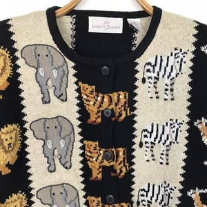 Vtg JANE'S CLOSET Sweater Womens M Cardigan Animals Safari Button Up Beaded - Bild 1 von 7