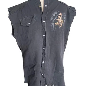 Spiral Direct Men Sleeveless Stone Wash Worker Grim Reaper Middle Finger Size M - Picture 1 of 6