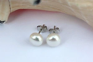 10 mm Weiß echte Zucht Süßwasser Perlen Schmuck Ohrringe Ohrstecker 925 Silber - Bild 1 von 1
