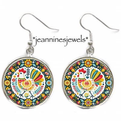 PENDIENTES de pollo arte popular escandinavo impresión plata dije pendientes colgantes Foto 1 de 4