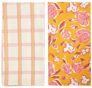 Set 2 strofinacci cucina cotone arancio e rosa floreale e righe 19" x 27" - Foto 1 di 1