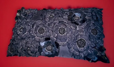 Ladelle - Black Rectangular Cushion - 46x27cm – 3D Floral Beaded Appliqué Design - Image 1 of 4