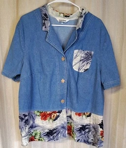 VTG Piccalino Women 2XL Denim Blue Button Up Shirt Hawaiian Print - Picture 1 of 10