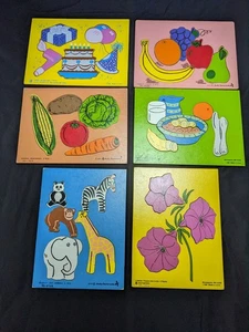 Lot of 6 Vintage Judy Instructo Wooden Puzzles Food Animals Flowers - Picture 1 of 8