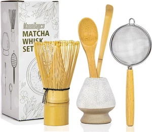 Bambus Matcha Schneebesen Set 5-teilig, Matcha Schneebesen, Schneebesenhalter, traditionelle Teelöffel - Bild 1 von 8