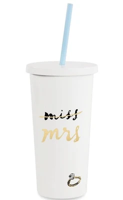 Copo Kate Spade New York com palha Miss to Mrs White Bridal NYC 20 oz novo sem etiquetas  - Imagem 1 de 4